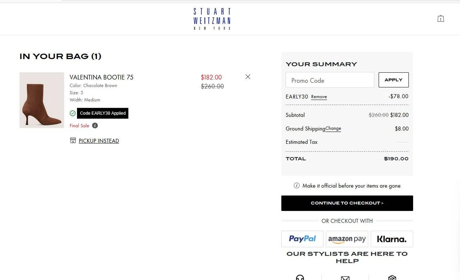 Stuart Weitzman Outlet promo code screenshot showing code EARLY30 applied at Stuart Weitzman Outlet checkout page. Uploaded by SimplyCodes community member stygian1 on Nov 13, 2025