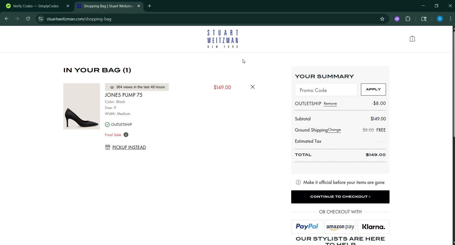 Stuart Weitzman Outlet promo code screenshot showing code OUTLETSHIP applied at Stuart Weitzman Outlet checkout page. Uploaded by SimplyCodes community member RoyalSage9159 on Jan 11, 2026