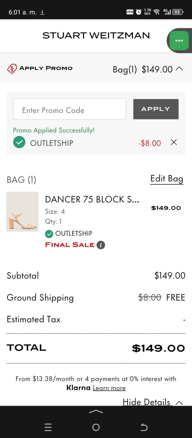 Stuart Weitzman Outlet promo code screenshot showing code OUTLETSHIP applied at Stuart Weitzman Outlet checkout page. Uploaded by SimplyCodes community member CashSaver3941 on May 16, 2025