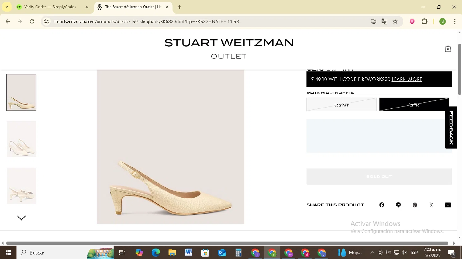 Stuart Weitzman Outlet promo code screenshot showing code INSIDER20 applied at Stuart Weitzman Outlet checkout page. Uploaded by SimplyCodes community member SavingsSentinel833 on Jul 5, 2025