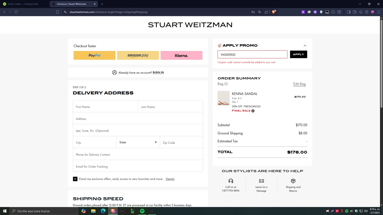 Stuart Weitzman Outlet promo code screenshot showing code INSIDER20 applied at Stuart Weitzman Outlet checkout page. Uploaded by SimplyCodes community member Tragedy on Jul 5, 2025