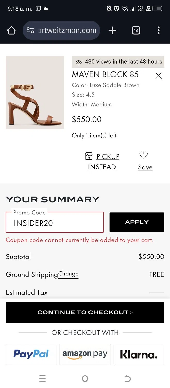 Stuart Weitzman Outlet promo code screenshot showing code INSIDER20 applied at Stuart Weitzman Outlet checkout page. Uploaded by SimplyCodes community member salinsanchez on Jul 5, 2025