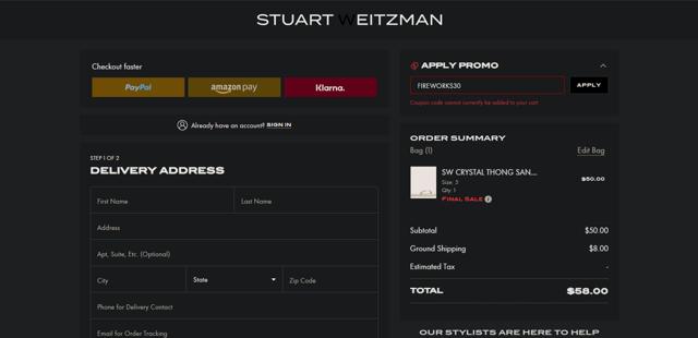 Stuart Weitzman Outlet checkout page showing Stuart Weitzman Outlet promo code box | Screenshot taken by SimplyCodes community member on Jul 30, 2025