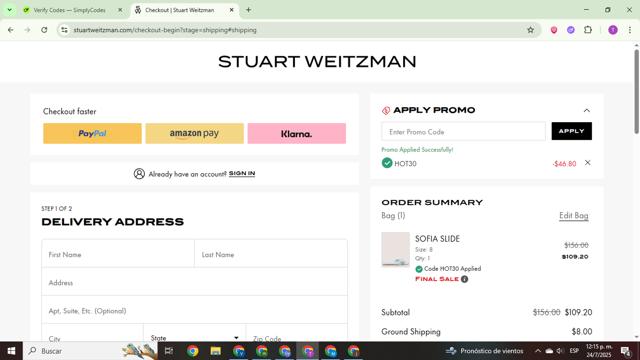 Stuart Weitzman Outlet checkout page showing Stuart Weitzman Outlet promo code box | Screenshot taken by SimplyCodes community member on Jul 24, 2025