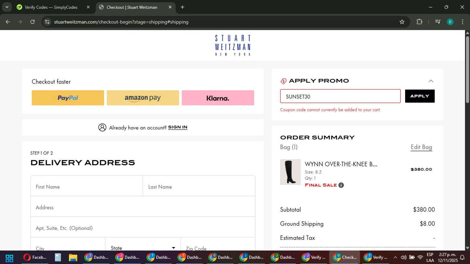 Stuart Weitzman Outlet promo code screenshot showing code SUNSET30 applied at Stuart Weitzman Outlet checkout page. Uploaded by SimplyCodes community member ThriftyLion6776 on Nov 12, 2025