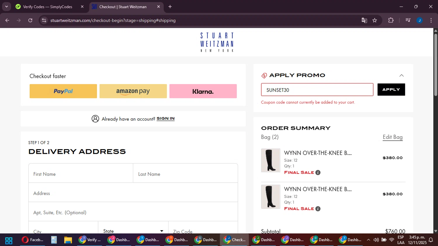 Stuart Weitzman Outlet promo code screenshot showing code SUNSET30 applied at Stuart Weitzman Outlet checkout page. Uploaded by SimplyCodes community member noesmith34ur on Nov 12, 2025