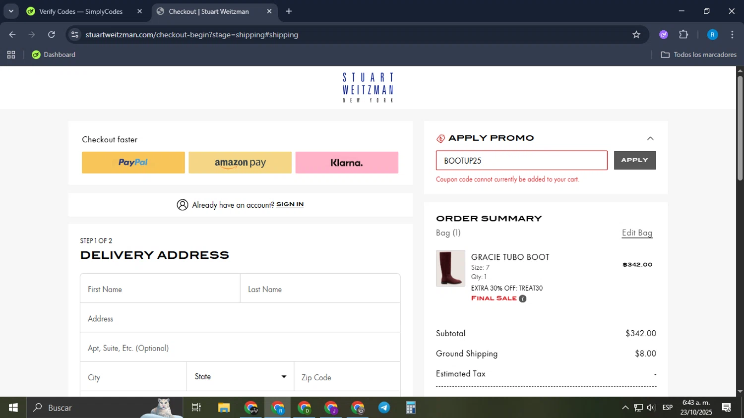 Stuart Weitzman Outlet promo code screenshot showing code BOOTUP25 applied at Stuart Weitzman Outlet checkout page. Uploaded by SimplyCodes community member Aemontar on Oct 23, 2025