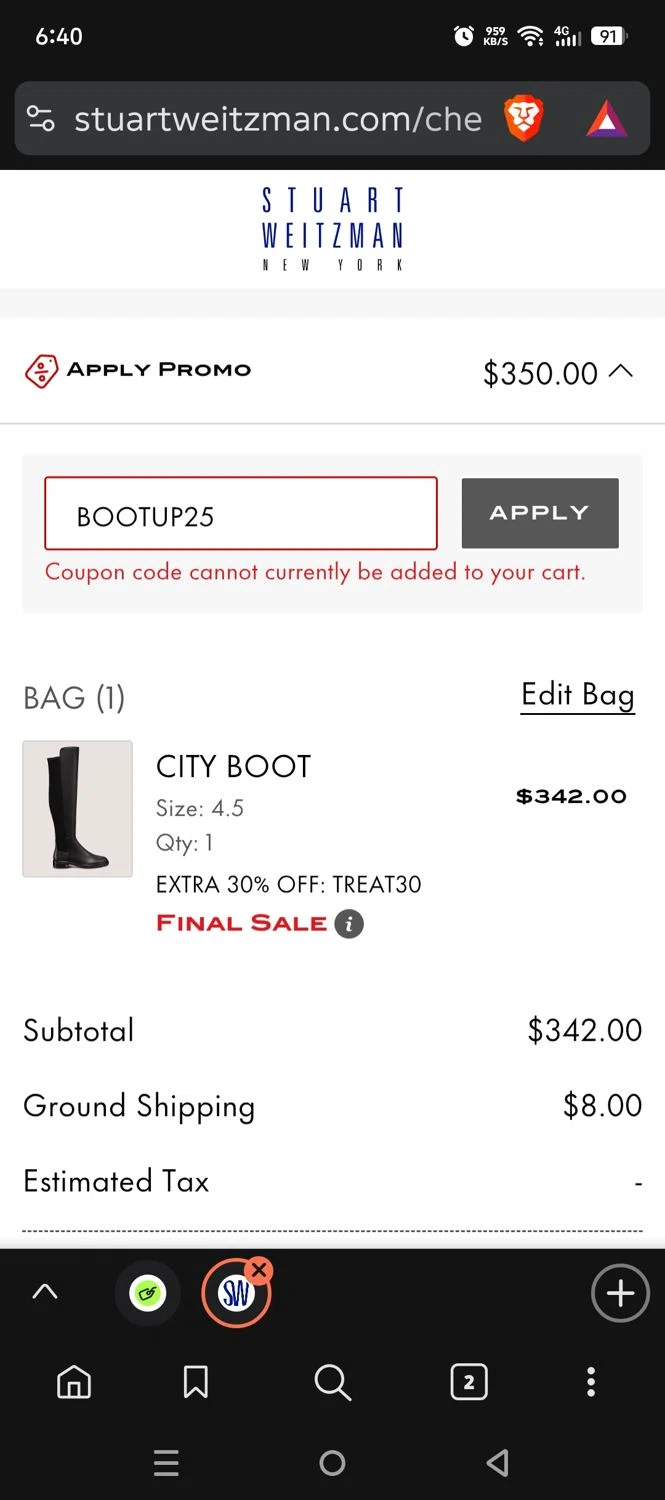 Stuart Weitzman Outlet promo code screenshot showing code BOOTUP25 applied at Stuart Weitzman Outlet checkout page. Uploaded by SimplyCodes community member DiscountLion3937 on Oct 23, 2025