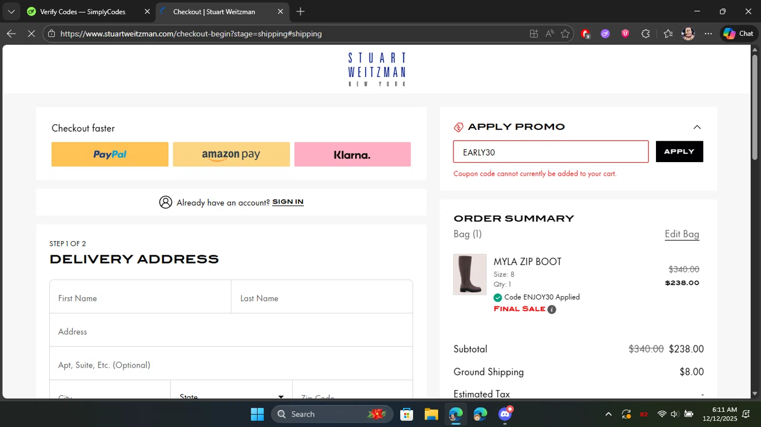 Stuart Weitzman Outlet checkout page showing Stuart Weitzman Outlet promo code box | Screenshot taken by SimplyCodes community member on Dec 12, 2025