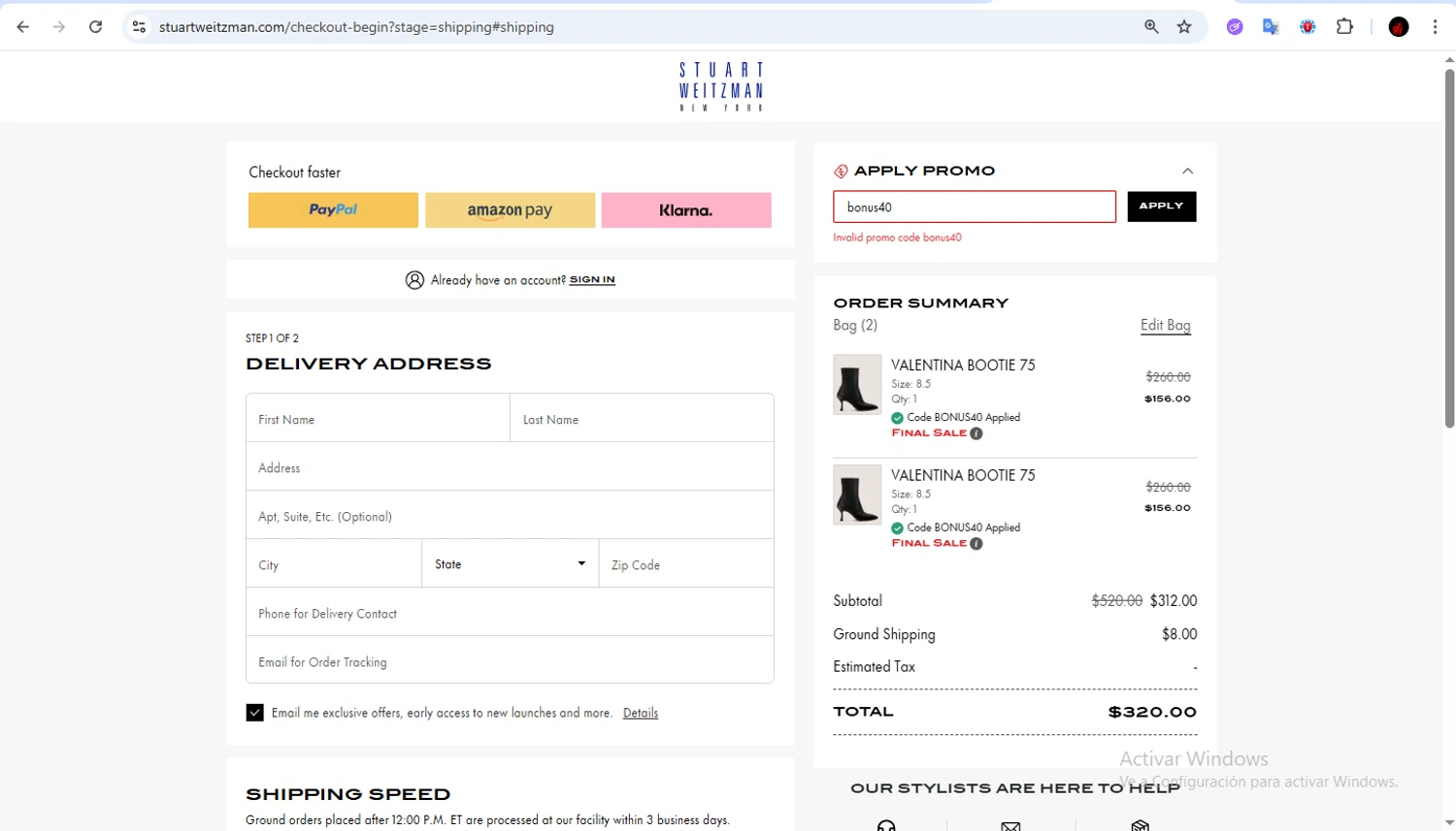 Stuart Weitzman Outlet promo code screenshot showing code bonus40 applied at Stuart Weitzman Outlet checkout page. Uploaded by SimplyCodes community member Francisco01 on Dec 2, 2025