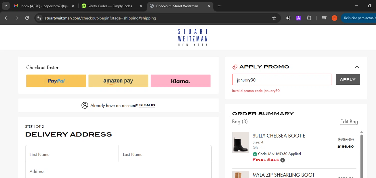 Stuart Weitzman Outlet promo code screenshot showing code january30 applied at Stuart Weitzman Outlet checkout page. Uploaded by SimplyCodes community member Eminem on Jan 15, 2026