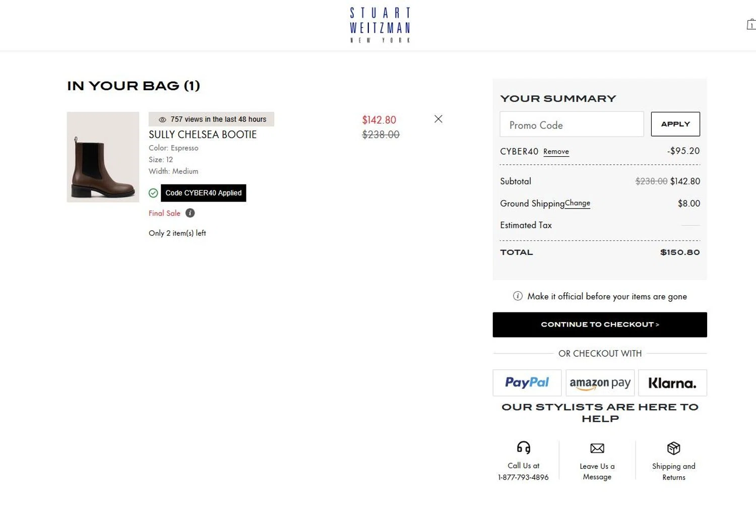 Stuart Weitzman Outlet promo code screenshot showing code CYBER40 applied at Stuart Weitzman Outlet checkout page. Uploaded by SimplyCodes community member stygian1 on Nov 20, 2025