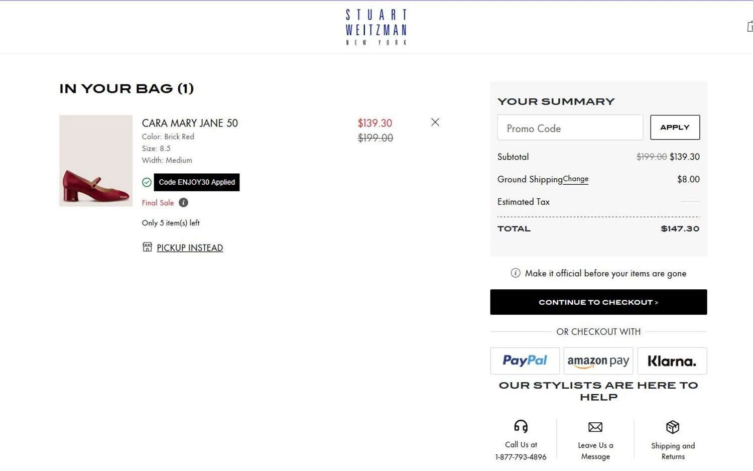 Stuart Weitzman Outlet promo code screenshot showing code ENJOY30 applied at Stuart Weitzman Outlet checkout page. Uploaded by SimplyCodes community member stygian1 on Dec 4, 2025