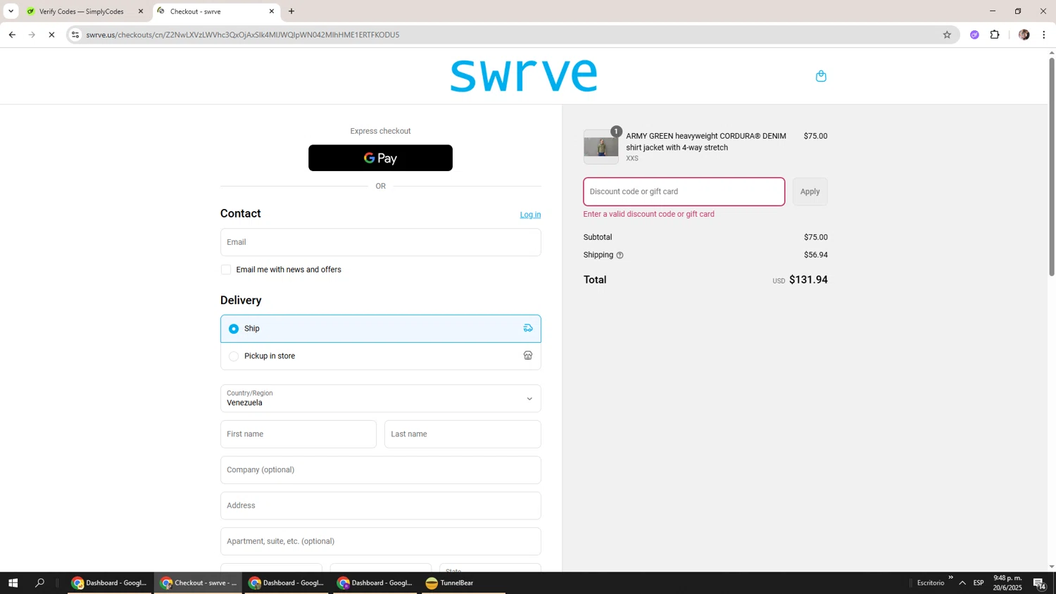 Swrve Clothing promo code screenshot showing code POPS2025 applied at Swrve Clothing checkout page. Uploaded by SimplyCodes community member Levi_Ackerman on Jun 21, 2025
