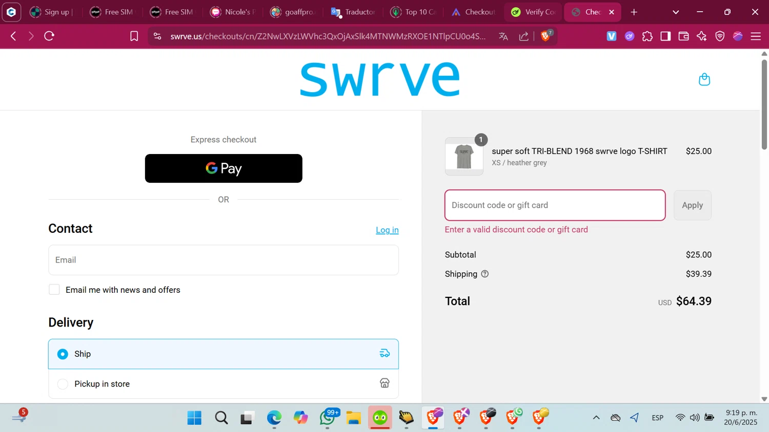 Swrve Clothing promo code screenshot showing code POPS2025 applied at Swrve Clothing checkout page. Uploaded by SimplyCodes community member ShrewdMonarch4436 on Jun 21, 2025
