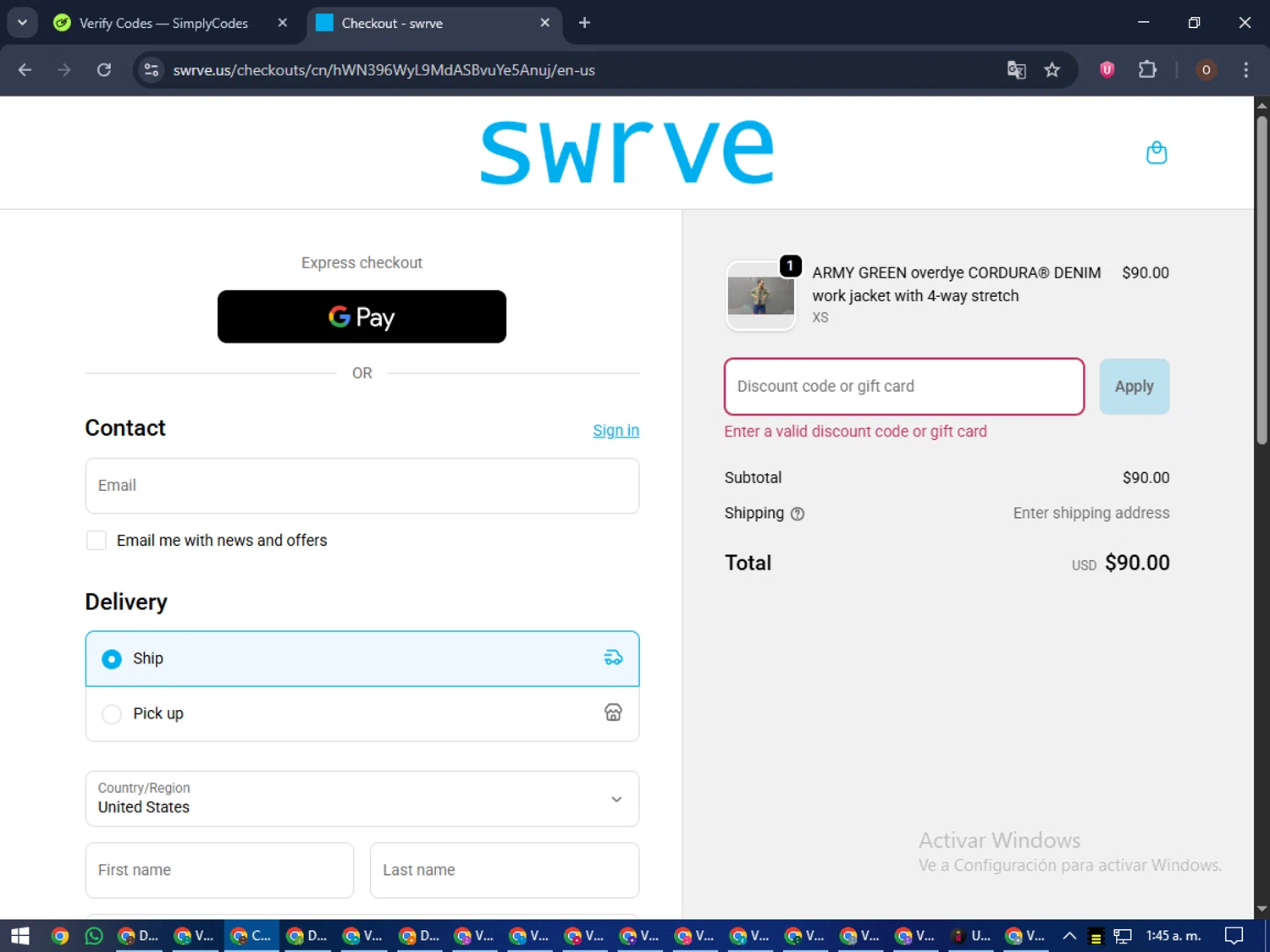 Swrve Clothing promo code screenshot showing code roxy37 applied at Swrve Clothing checkout page. Uploaded by SimplyCodes community member LegendaryAdmiral8649 on Sep 19, 2025