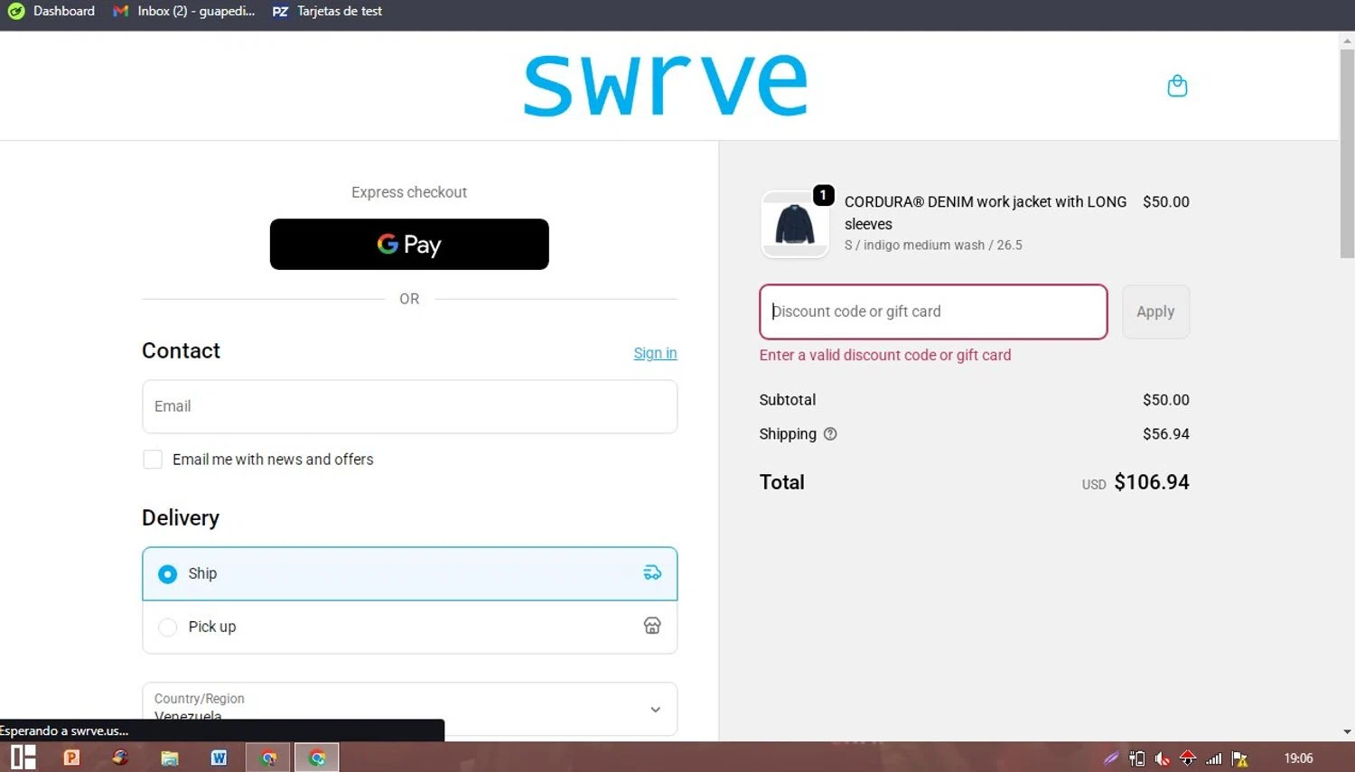 Swrve Clothing promo code screenshot showing code roxy37 applied at Swrve Clothing checkout page. Uploaded by SimplyCodes community member PaticoBel on Sep 19, 2025