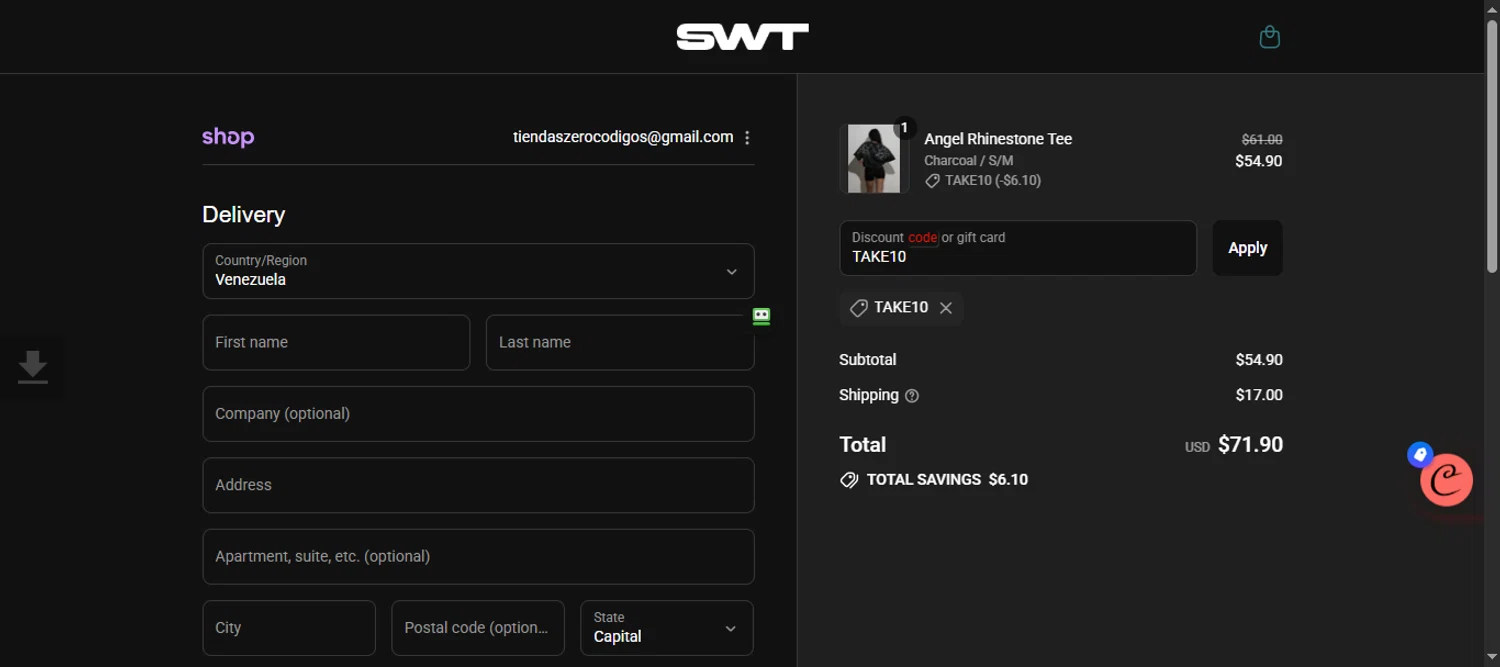 SWT Active promo code screenshot showing code TAKE10 applied at SWT Active checkout page. Uploaded by SimplyCodes community member 111111 on Sep 7, 2025