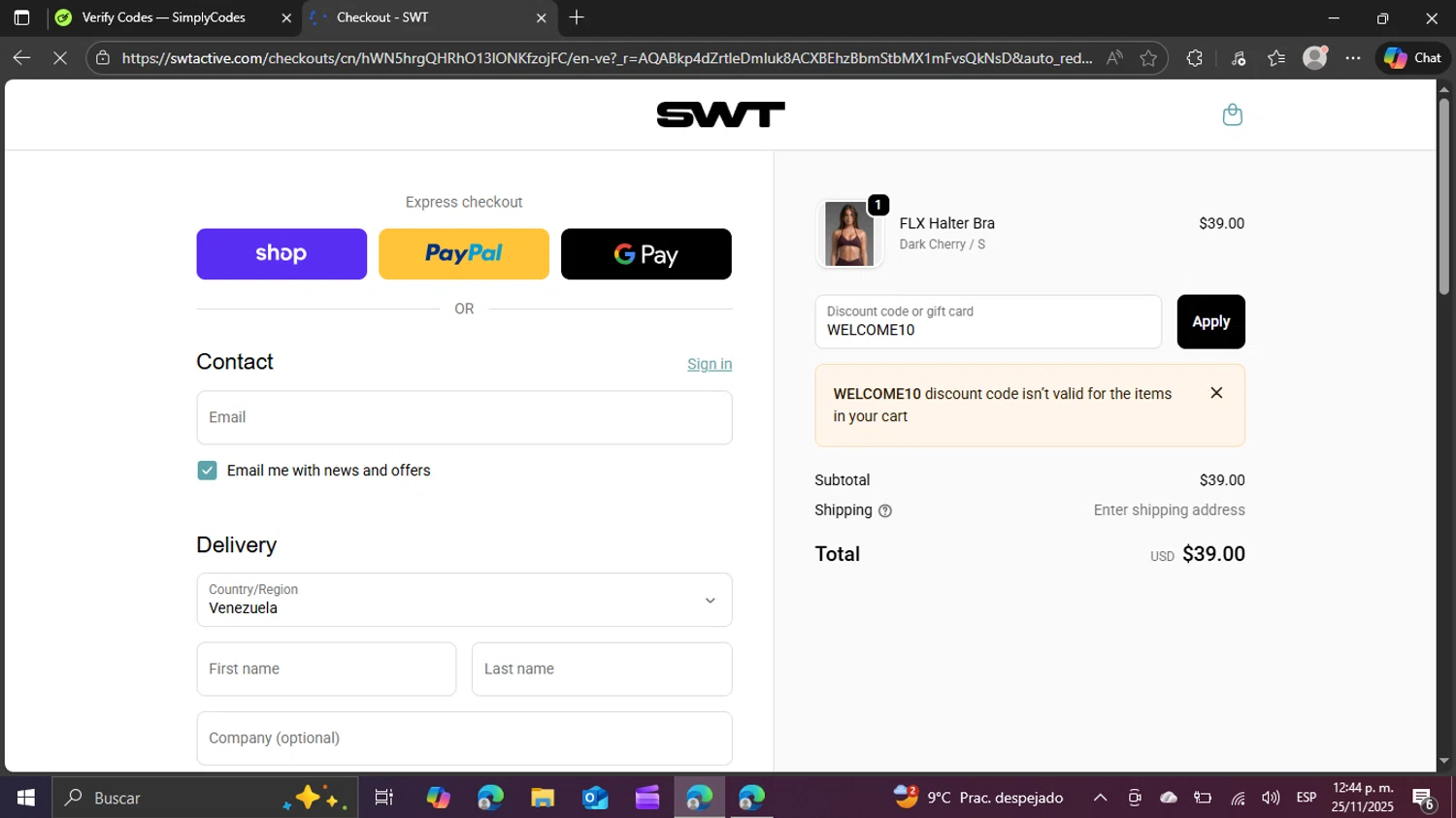 SWT Active promo code screenshot showing code WELCOME10 applied at SWT Active checkout page. Uploaded by SimplyCodes community member swiftie on Nov 25, 2025