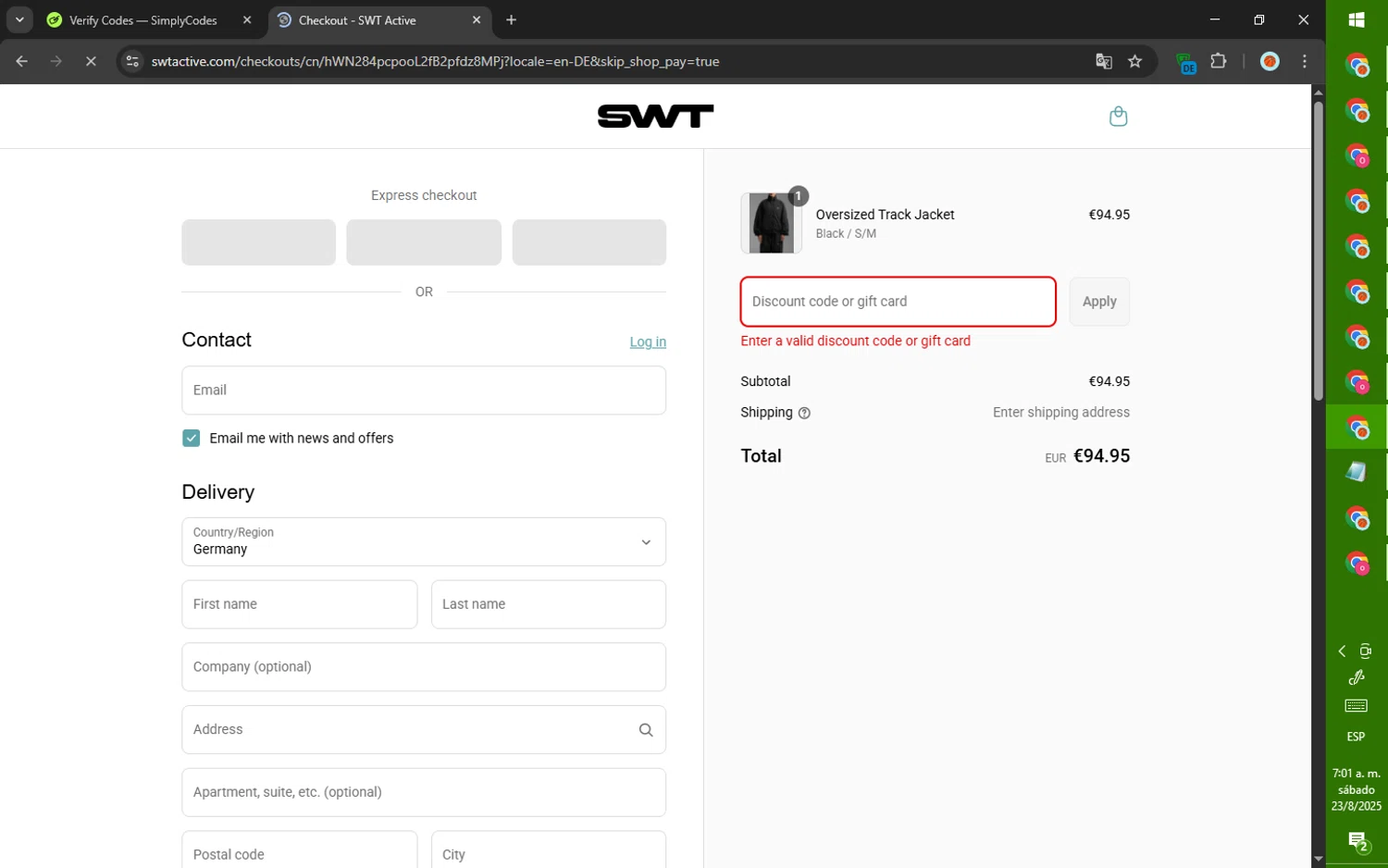 SWT Active promo code screenshot showing code CAELEE applied at SWT Active checkout page. Uploaded by SimplyCodes community member SalePhoenix823 on Aug 23, 2025