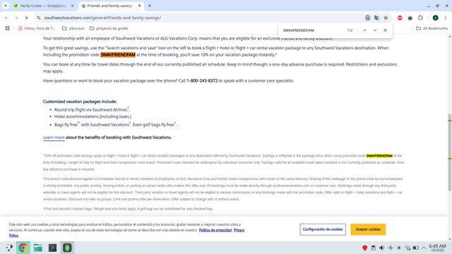 Southwest Vacations checkout page showing Southwest Vacations promo code box | Screenshot taken by SimplyCodes community member on Mar 13, 2025