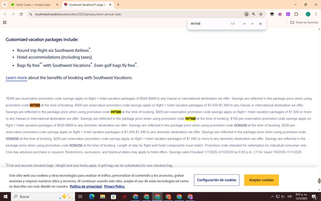 Southwest Vacations checkout page showing Southwest Vacations promo code box | Screenshot taken by SimplyCodes community member on Mar 13, 2025
