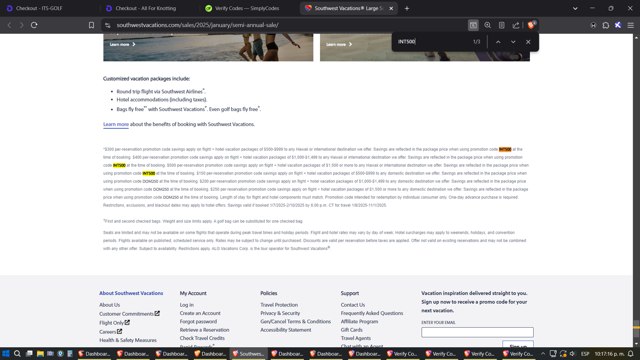Southwest Vacations checkout page showing Southwest Vacations promo code box | Screenshot taken by SimplyCodes community member on Mar 13, 2025