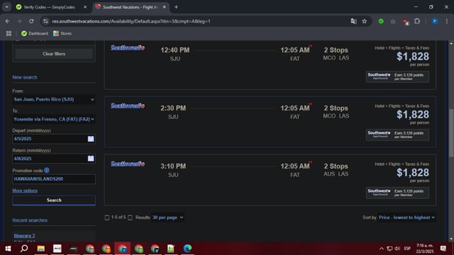 Southwest Vacations checkout page showing Southwest Vacations promo code box | Screenshot taken by SimplyCodes community member on Mar 22, 2025