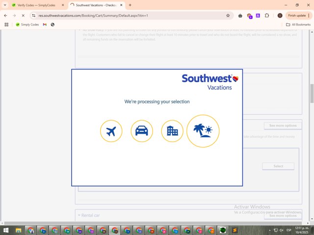 Southwest Vacations checkout page showing Southwest Vacations promo code box | Screenshot taken by SimplyCodes community member on Apr 10, 2025