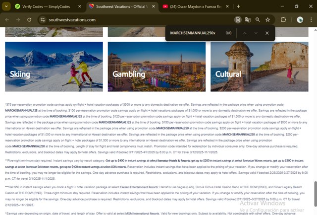 Southwest Vacations checkout page showing Southwest Vacations promo code box | Screenshot taken by SimplyCodes community member on Mar 12, 2025