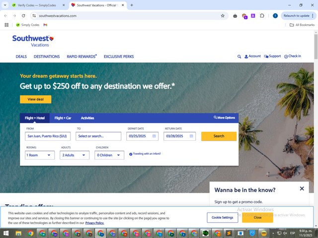 Southwest Vacations checkout page showing Southwest Vacations promo code box | Screenshot taken by SimplyCodes community member on Mar 12, 2025
