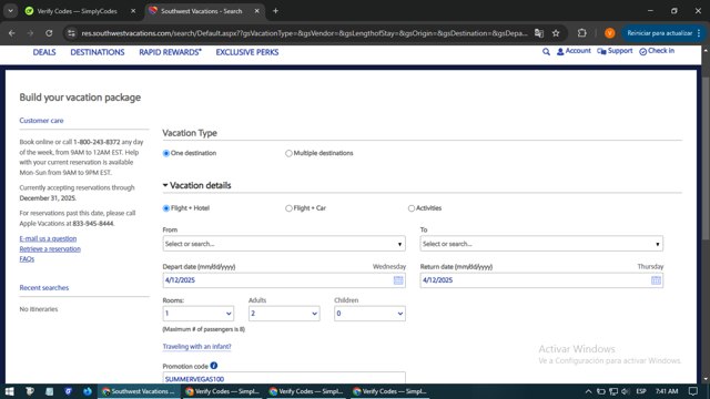 Southwest Vacations checkout page showing Southwest Vacations promo code box | Screenshot taken by SimplyCodes community member on Apr 11, 2025