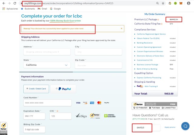 Swyft Filings checkout page showing Swyft Filings promo code box | Screenshot taken by SimplyCodes community member on Oct 31, 2021