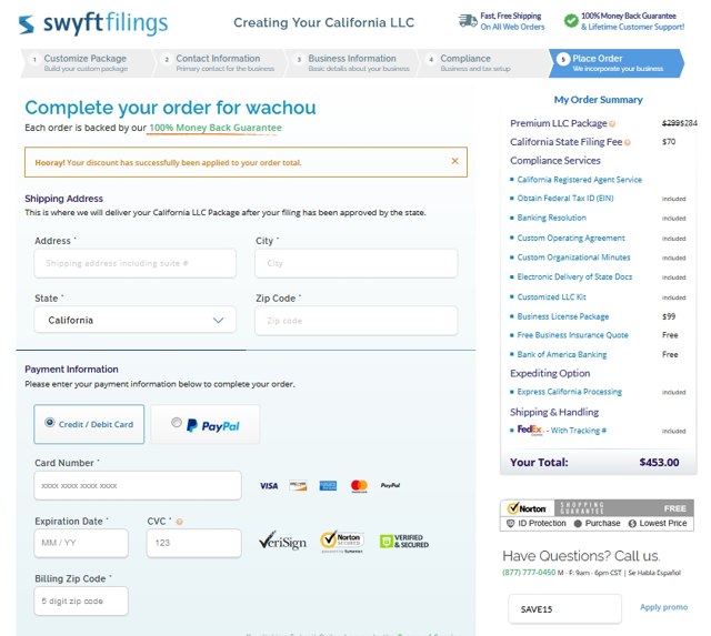 Swyft Filings checkout page showing Swyft Filings promo code box | Screenshot taken by SimplyCodes community member on Mar 6, 2021