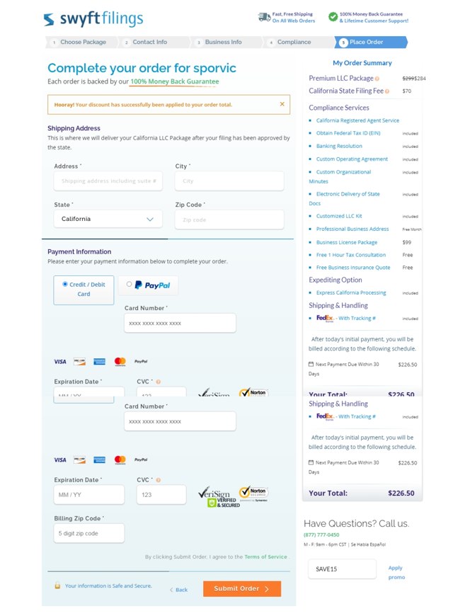 Swyft Filings checkout page showing Swyft Filings promo code box | Screenshot taken by SimplyCodes community member on Mar 26, 2021