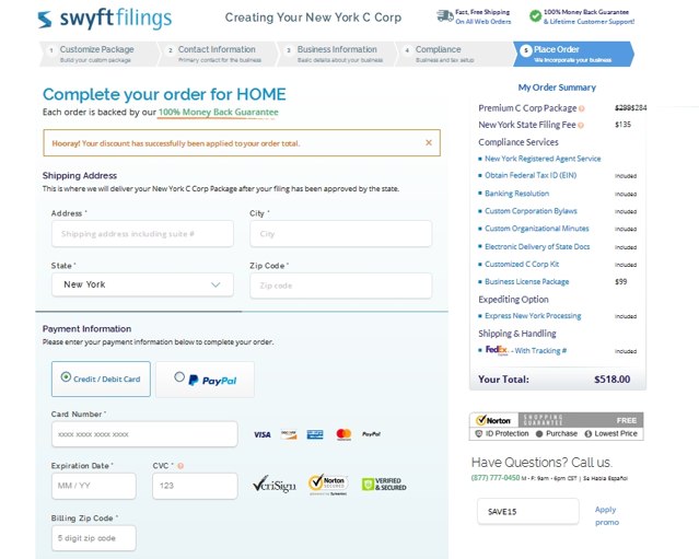Swyft Filings checkout page showing Swyft Filings promo code box | Screenshot taken by SimplyCodes community member on Oct 20, 2020
