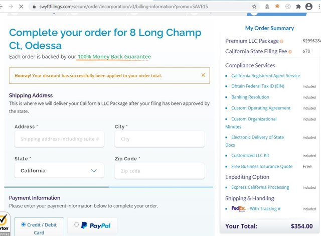 Swyft Filings checkout page showing Swyft Filings promo code box | Screenshot taken by SimplyCodes community member on Feb 15, 2021