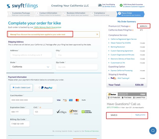 Swyft Filings checkout page showing Swyft Filings promo code box | Screenshot taken by SimplyCodes community member on Apr 22, 2021
