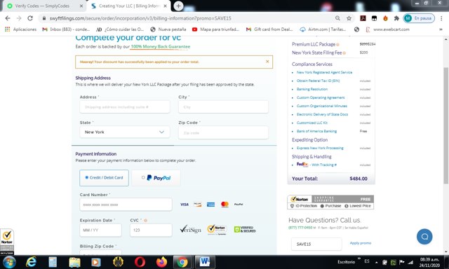 Swyft Filings checkout page showing Swyft Filings promo code box | Screenshot taken by SimplyCodes community member on Nov 24, 2020