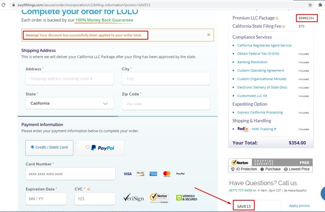 Swyft Filings checkout page showing Swyft Filings promo code box | Screenshot taken by SimplyCodes community member on May 10, 2021