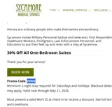 Sycamore Mineral Springs Resort coupon verification screenshot