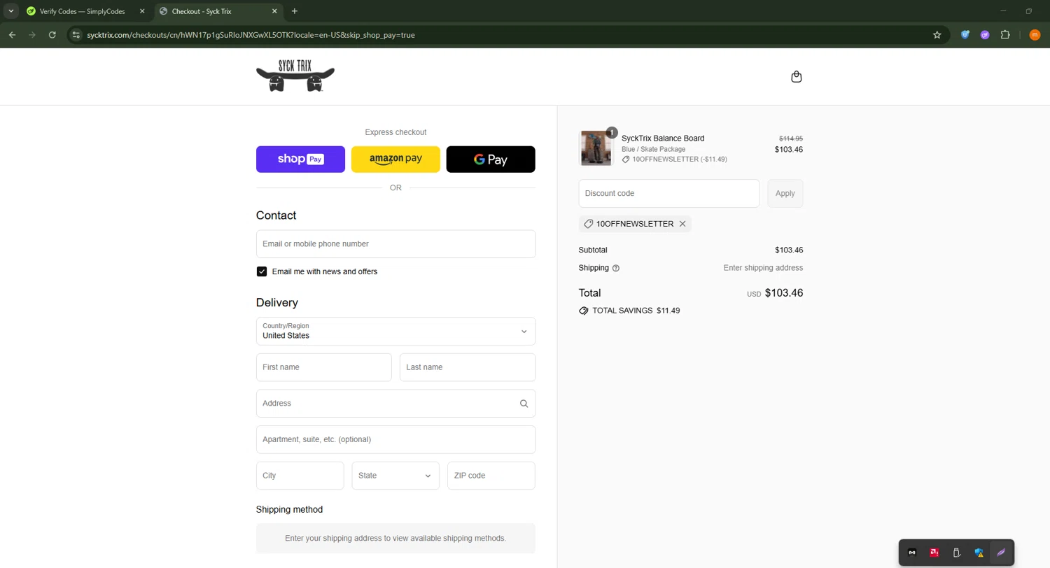 Syck Trix discount code screenshot showing code 10OFFNEWSLETTER applied at Syck Trix checkout page. Uploaded by SimplyCodes community member Davoxeneixe on Jul 28, 2025