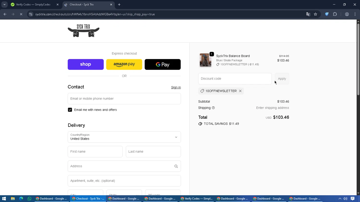 Syck Trix discount code screenshot showing code 10OFFNEWSLETTER applied at Syck Trix checkout page. Uploaded by SimplyCodes community member RebateCaptain6440 on Oct 28, 2025