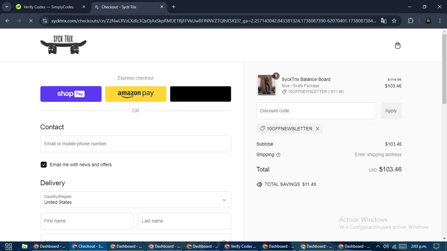 Syck Trix discount code screenshot showing code 10OFFNEWSLETTER applied at Syck Trix checkout page. Uploaded by SimplyCodes community member ValueElite5945 on Jan 28, 2025