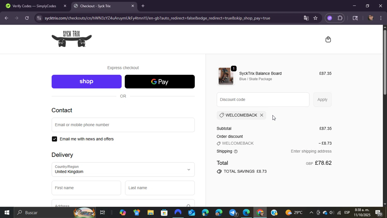 Syck Trix discount code screenshot showing code WELCOMEBACK applied at Syck Trix checkout page. Uploaded by SimplyCodes community member ShieldEagle9436 on Oct 11, 2025