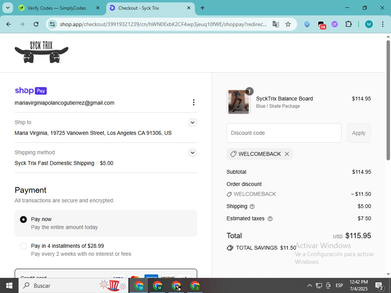 Syck Trix discount code screenshot showing code WELCOMEBACK applied at Syck Trix checkout page. Uploaded by SimplyCodes community member estrellaveloz on Jul 4, 2025