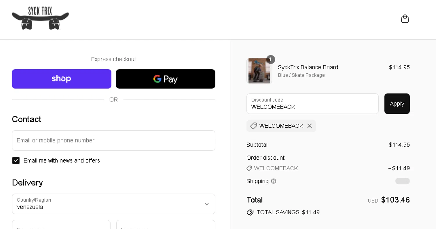 Syck Trix discount code screenshot showing code WELCOMEBACK applied at Syck Trix checkout page. Uploaded by SimplyCodes community member goldhooh on Sep 8, 2025