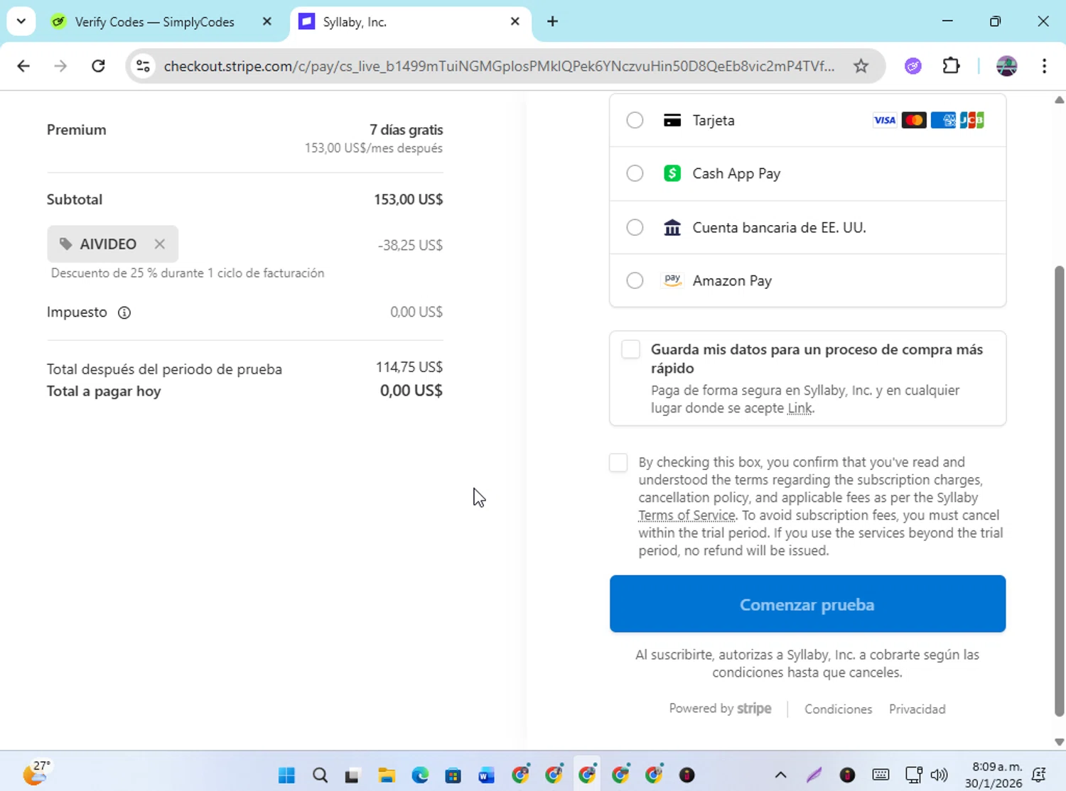 Syllaby checkout page showing Syllaby promo code box | Screenshot taken by SimplyCodes community member on Jan 30, 2026