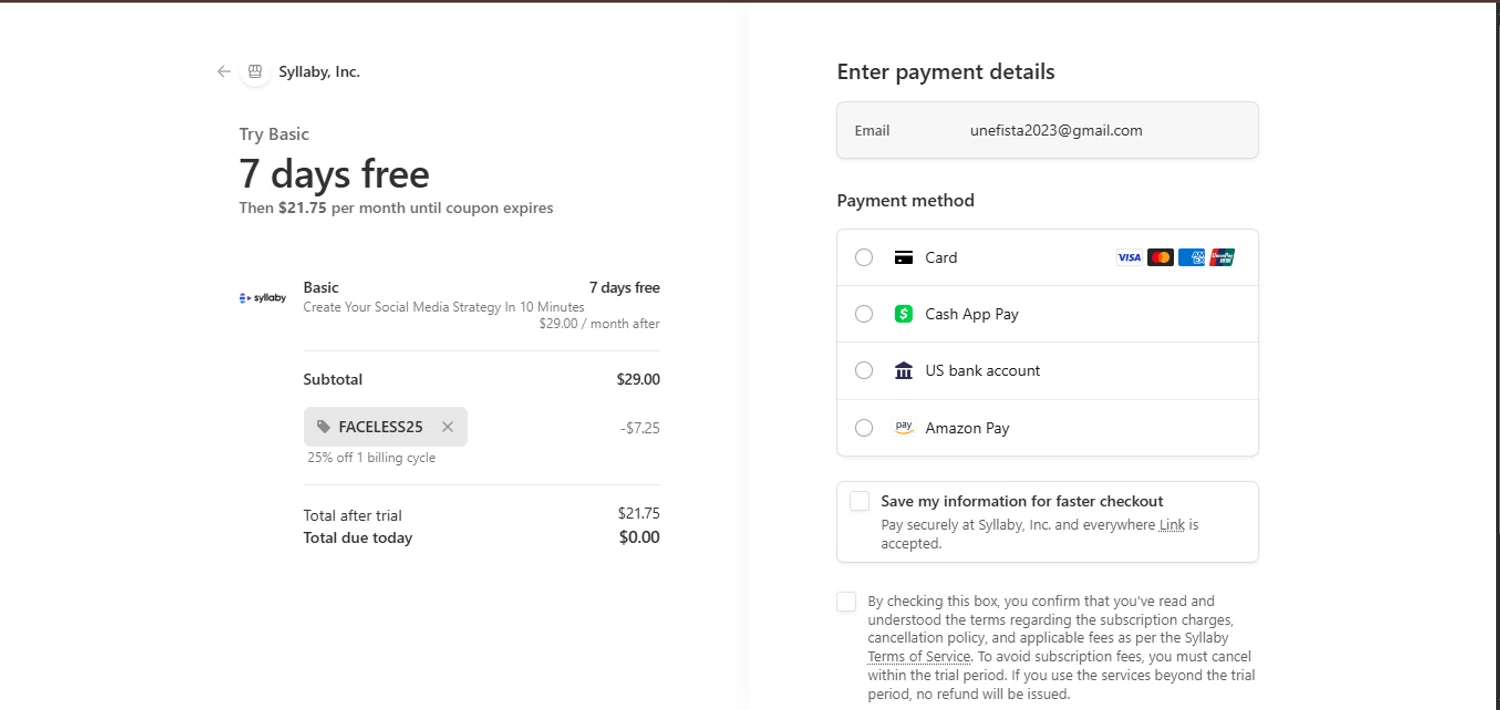 Syllaby promo code screenshot showing code FACELESS25 applied at Syllaby checkout page. Uploaded by SimplyCodes community member juanisaac on Jan 1, 2026