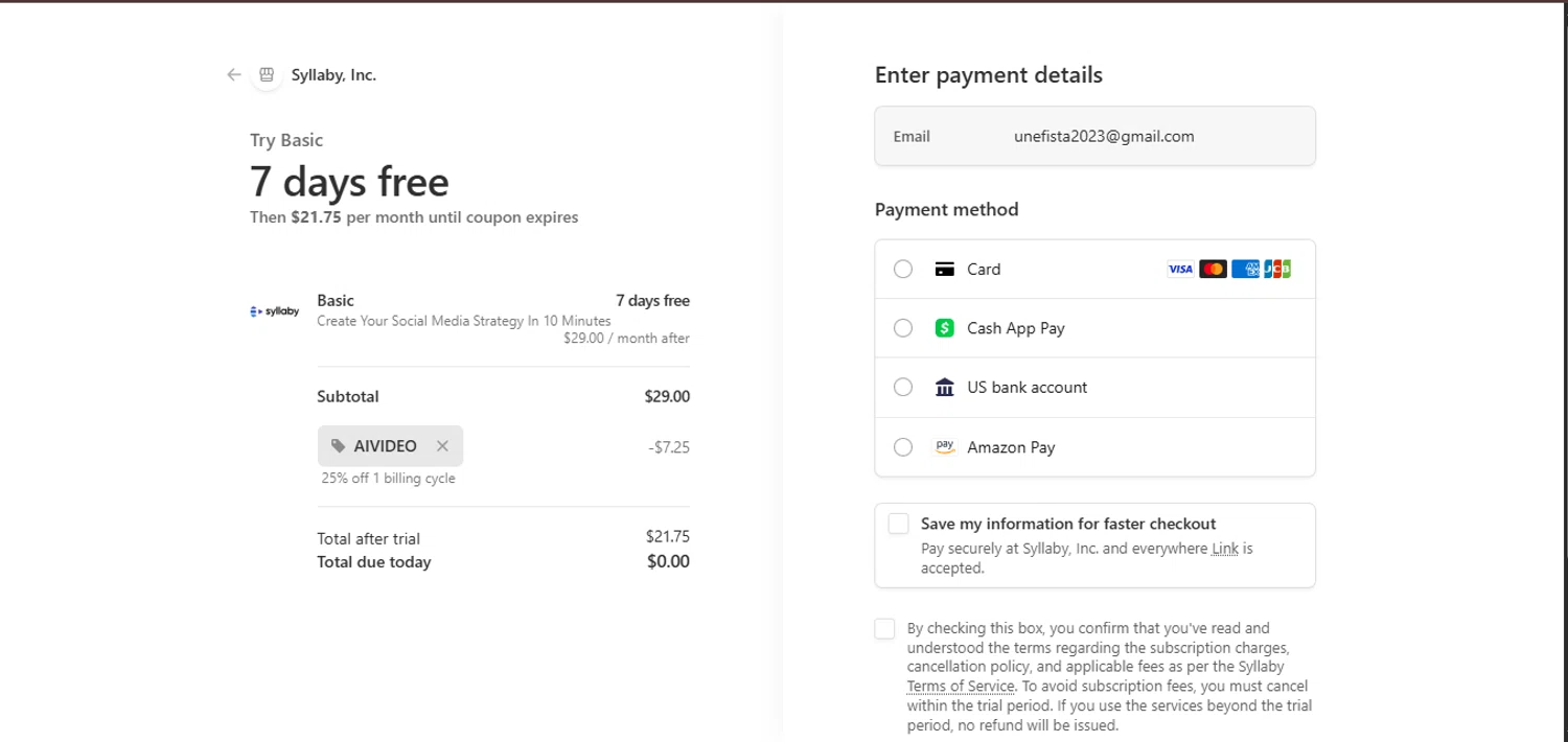 Syllaby promo code screenshot showing code BILAL25 applied at Syllaby checkout page. Uploaded by SimplyCodes community member juanisaac on Jan 1, 2026